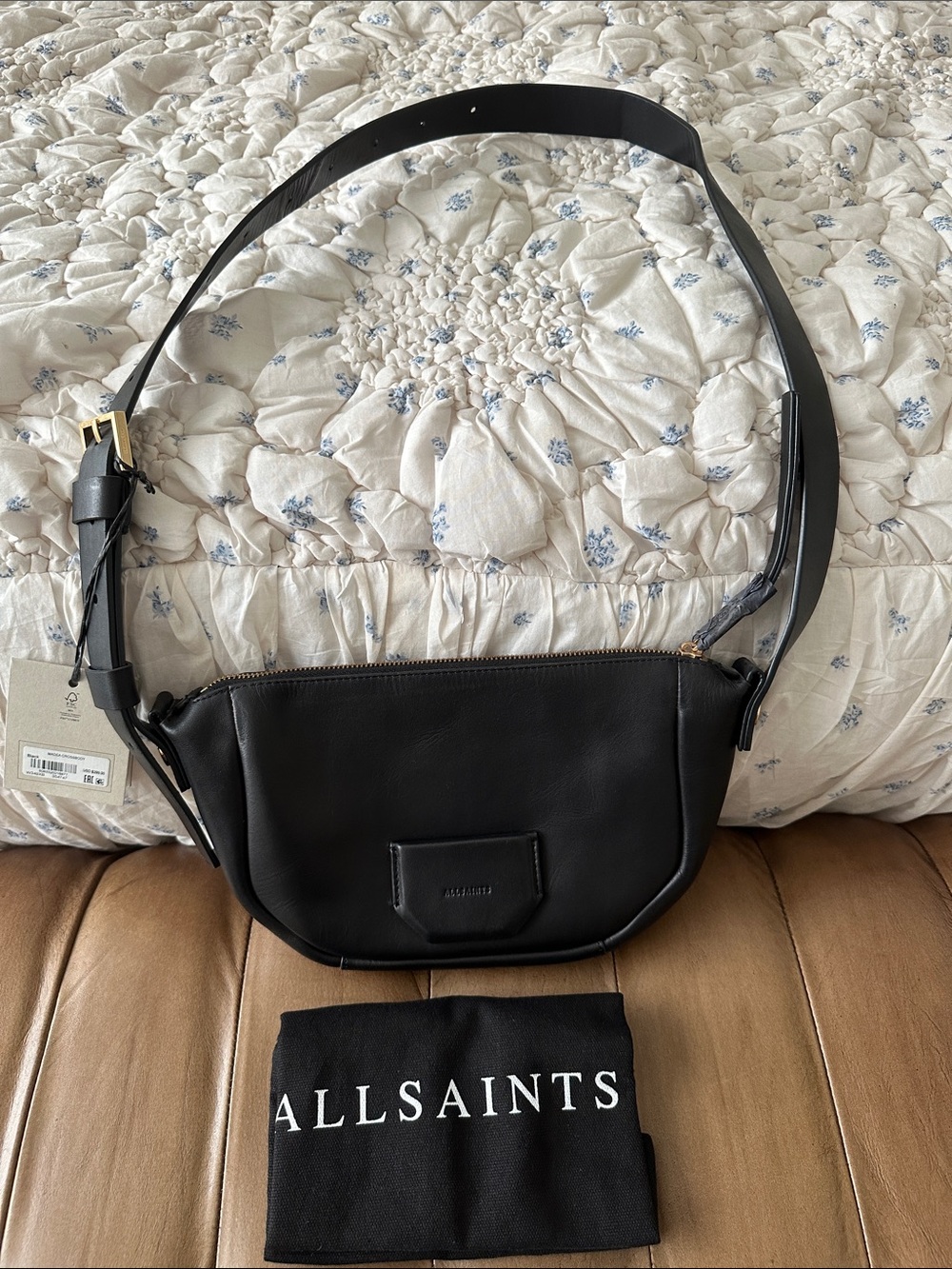 All Saints Black Leather Crossbody Belt Bag with Gold Hardware